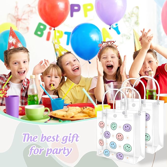 FYSUIMU 12 Pcs Boho Smile Face Clear PVC Gift Bags Colored Happy Face Daisy Flower Party Favor Bags with Handle Preppy Treat Tote Bag for Birthday Baby Shower Holiday