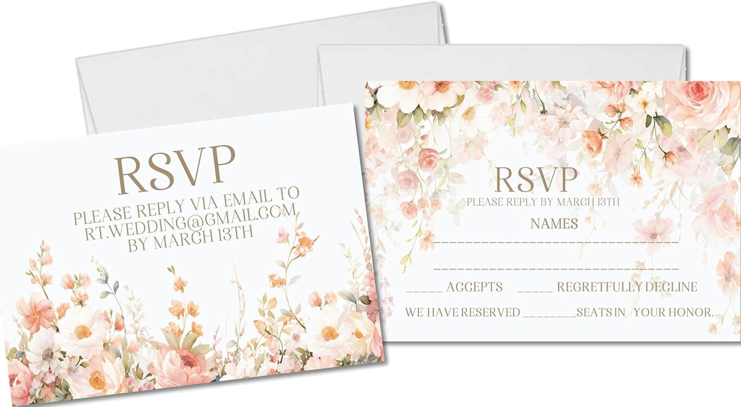 Peach & Blush Wildflower Wedding Invitations, Pastel Garden, Personalized, Set of 12 Invitations with Envelopes