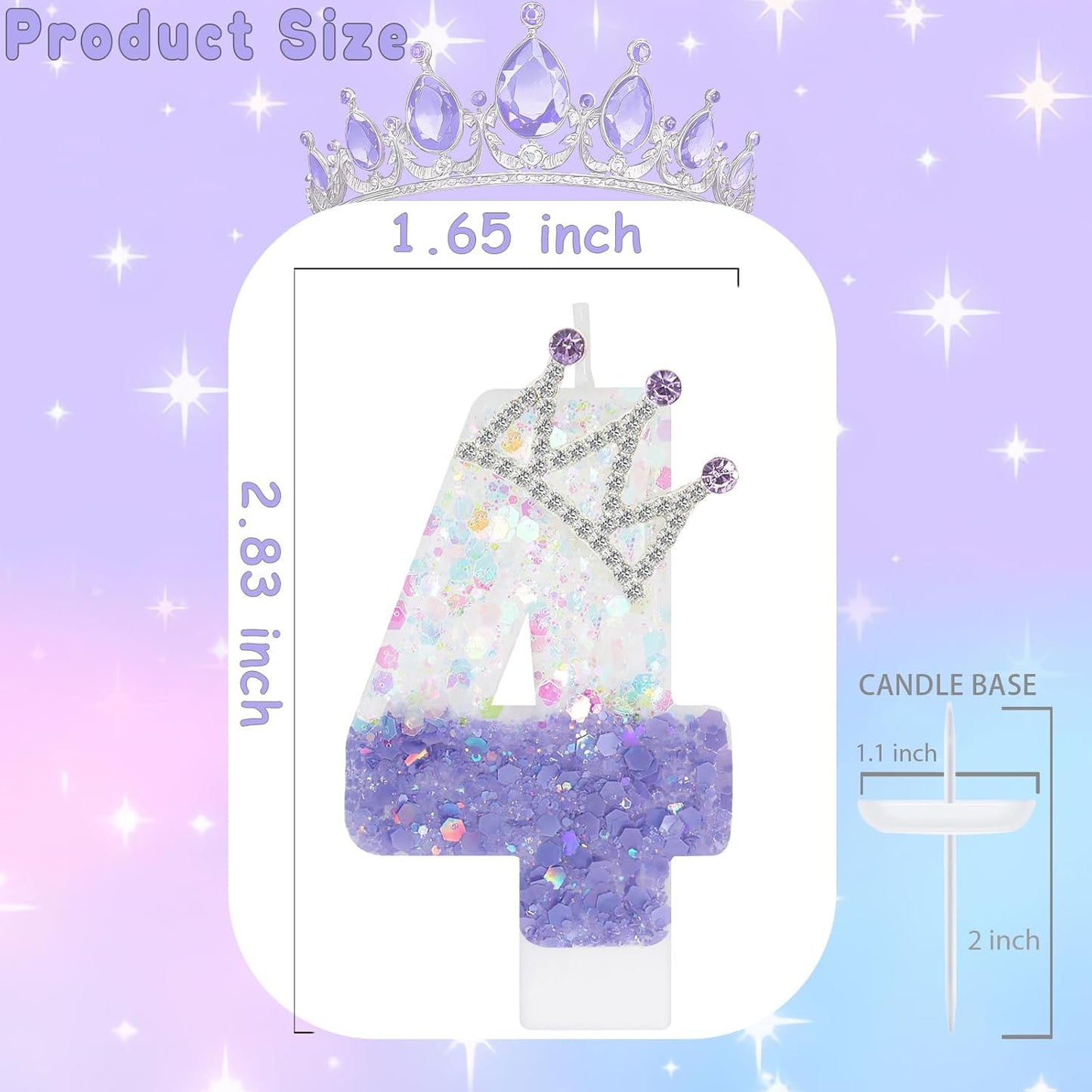 Purple White Number 4 Candle, Glitter Crown Cake Topper, Princess Birthday Party Decorations for Girls and Women Anniversary Celebrations Party Favors