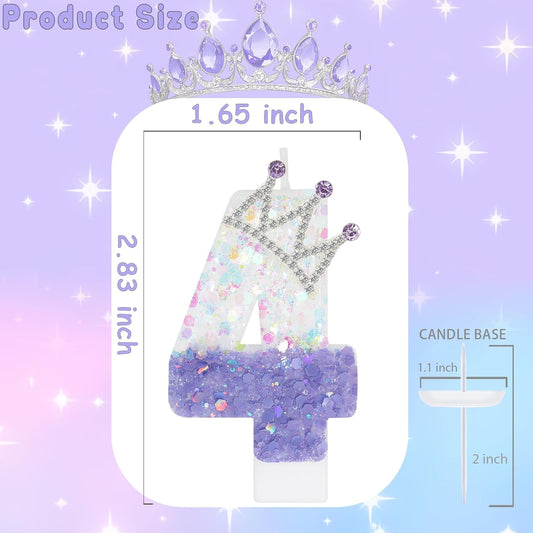 Purple White Number 4 Candle, Glitter Crown Cake Topper, Princess Birthday Party Decorations for Girls and Women Anniversary Celebrations Party Favors
