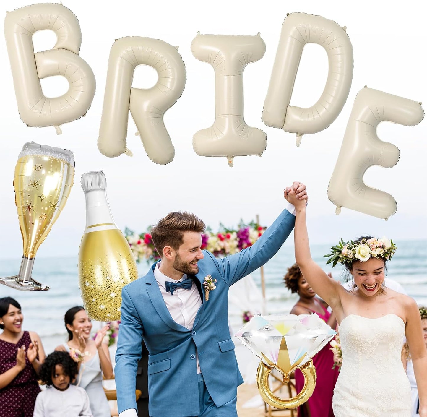40inch Bride Balloons Beige Letters Banner, Sand White Bachelorette Party Decorations Set with Diamond Ring Champagne Bottle Balloon Glass Foil Balloon for Nude White Bachelorette Engagement Wedding