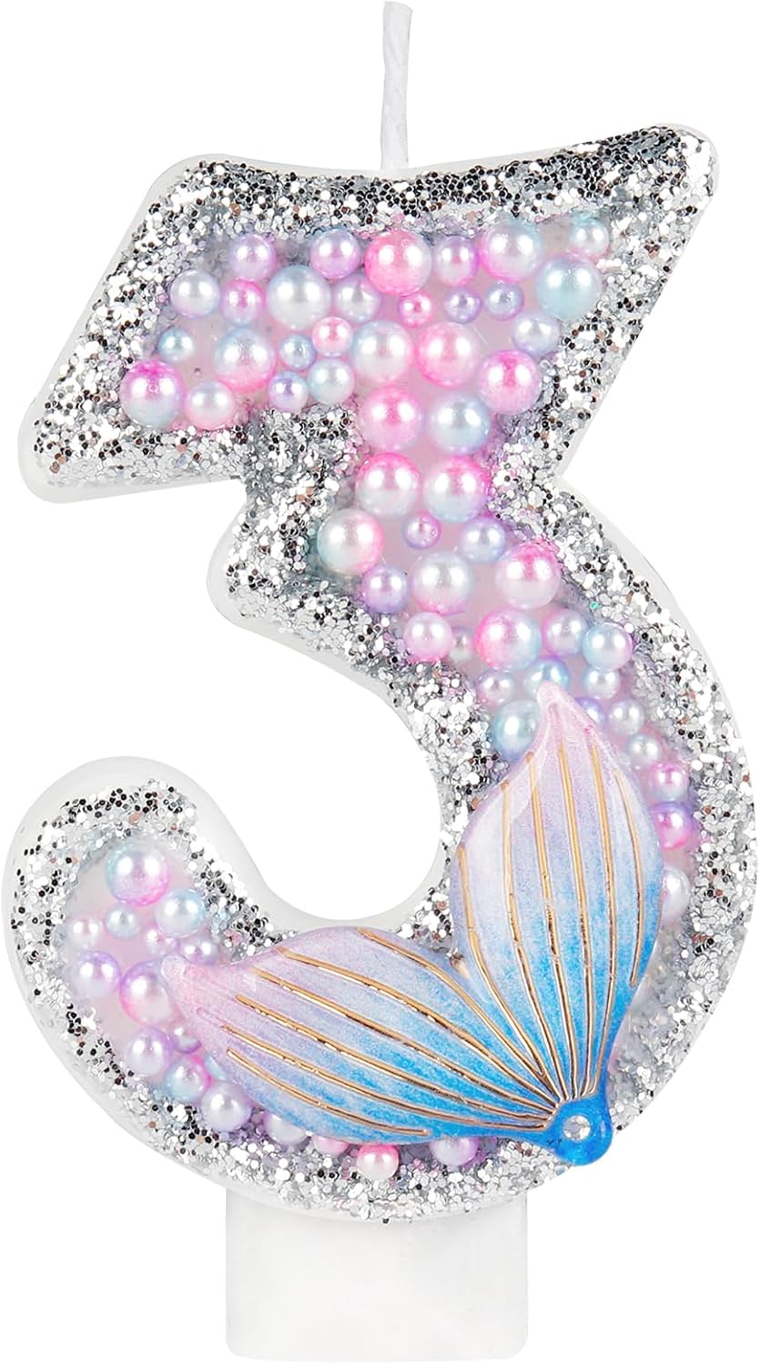 Girls Pink Mermaid Tail Birthday Candles - Glitter Candy & Topper Set for Cakes - Celebrate 3rd Birthday