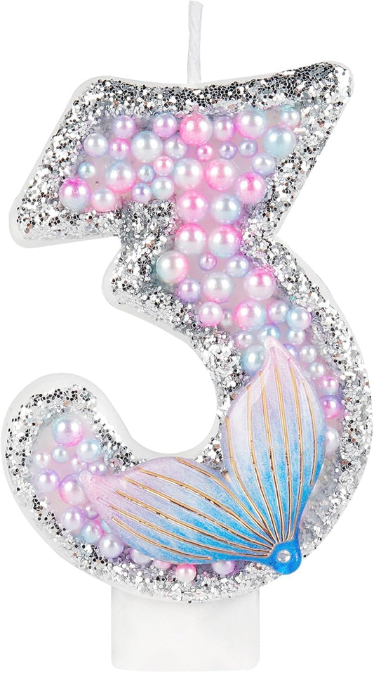 Girls Pink Mermaid Tail Birthday Candles - Glitter Candy & Topper Set for Cakes - Celebrate 3rd Birthday