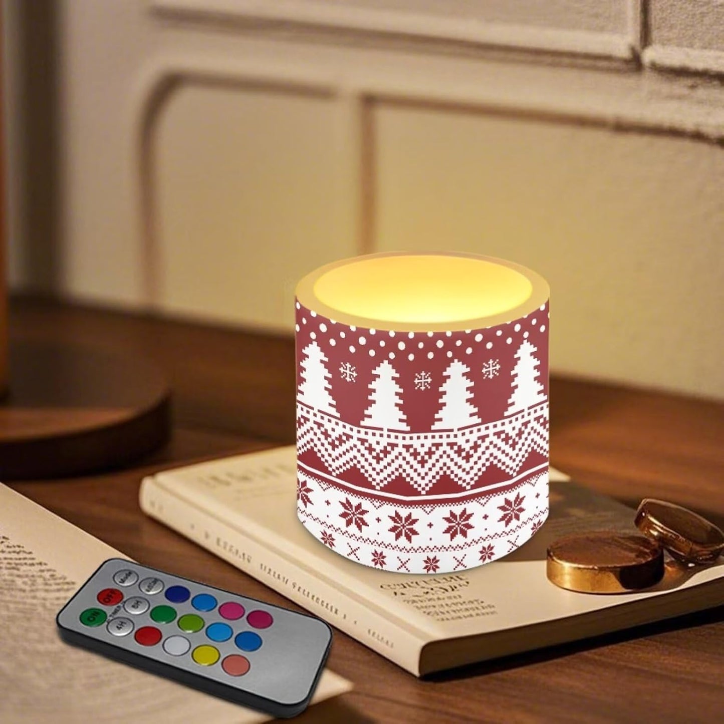 Poceacles 4 Pack Christmas LED Flameless Candles Battery Operated with Remote Timer Holiday Party Events Tea Lights with 12 Colors Options for Home Decor, Christmas Tree Snowflake Print Red White
