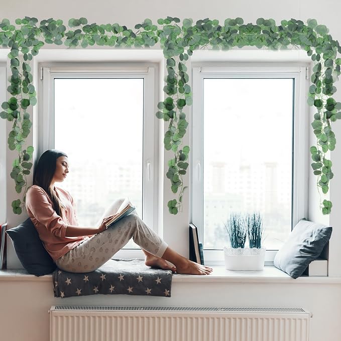 Artificial Vines Garland for Table Room Decor Faux Greenery Leaves Spring Fake Silver Dollar Runner for Wedding Christmas Home Bedroom Party Fireplace Mantle Wall (9, Eucalyptus)
