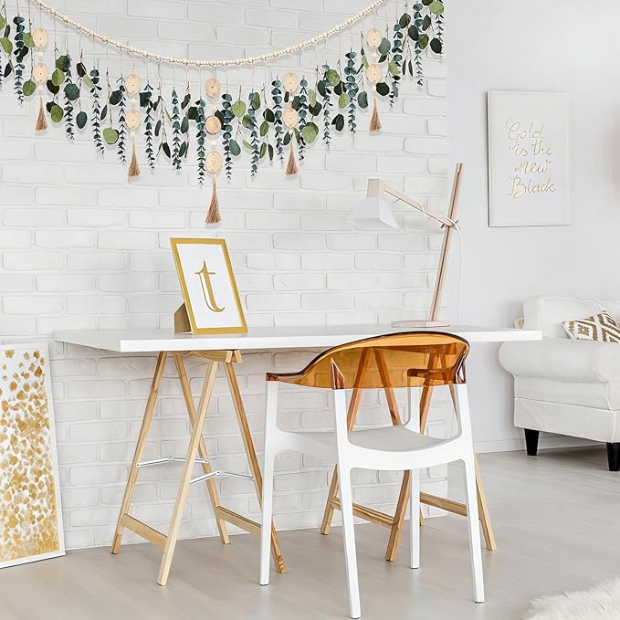 Juexica Artificial Hanging Eucalyptus Wall Decor Boho Bedroom Wall Decor with LED String Light for Home Office Farmhouse Nursery Bathroom Kitchen (Wooden Tassel)