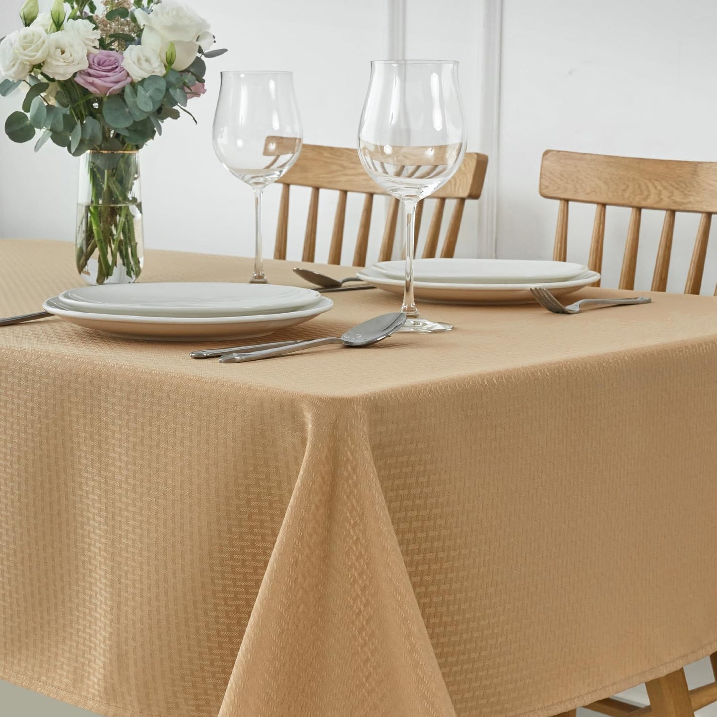 maxmill Square Jacquard Tablecloth Waterproof Spillproof Wrinkle Resistant Soft Weaved Design Table Cloth for Dinner and Party Washable Fabric Cover, Indoor and Outdoor Use, 60 x 60 Inch, Beige