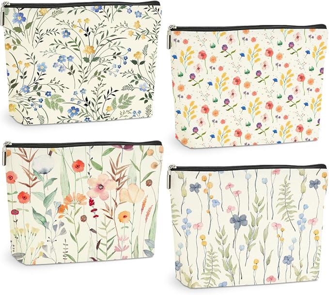4 Pcs Watercolor Wildflower Makeup Bag, Botanical Cosmetic Bags Plant Lover Friendship Gifts for Women Sister Bestie Mom Friend Thanksgiving Christmas Birthday Gifts Travel Toiletry Bag Accessories