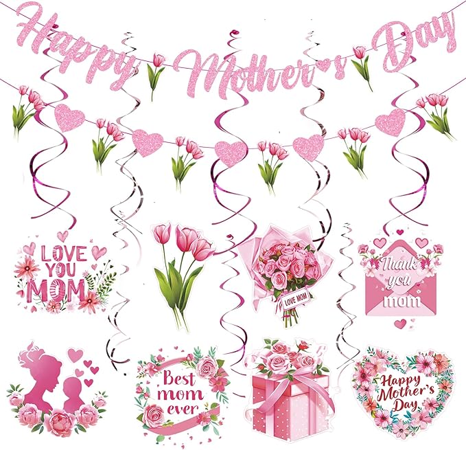 Happy Mother's Day Banner Set Decoration for Mother's Day Party Decorations Backdrop Garland for Mom Mother's Day Glitter Garland Photo Props (flower)