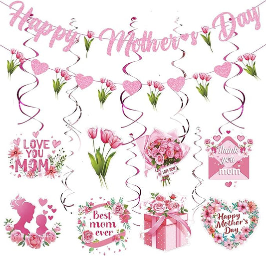 Happy Mother's Day Banner Set Decoration for Mother's Day Party Decorations Backdrop Garland for Mom Mother's Day Glitter Garland Photo Props (flower)