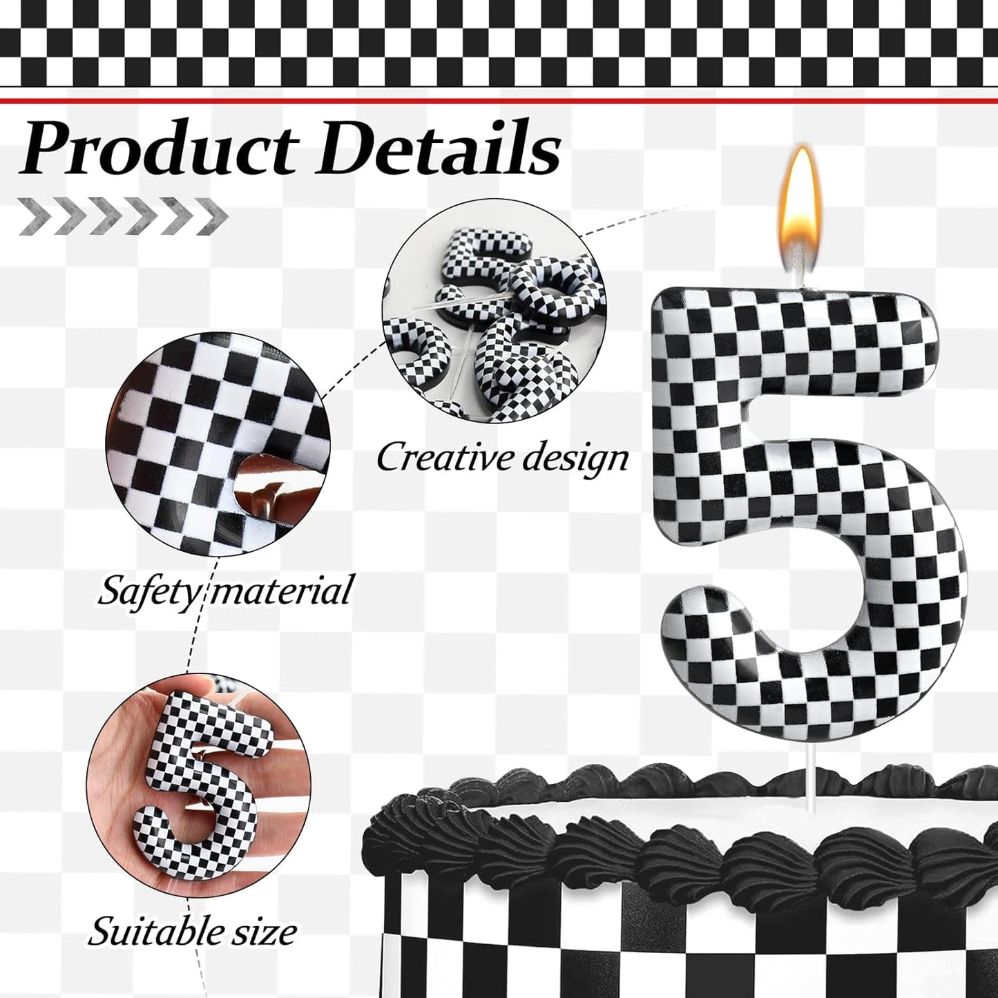 Racing Cars Themed Birthday Candle Number 5 Checkered Candle Birthday Party Decoration Cake Topper for Racing Car Party Decoration Theme Party Supplies (Number 5)