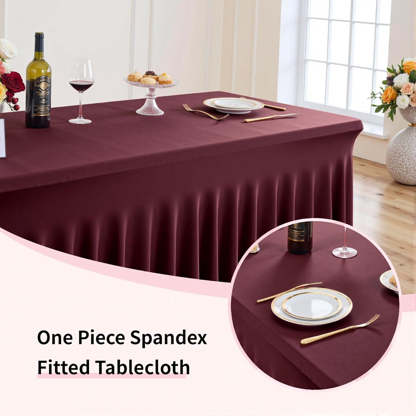 Outpain 8ft Spandex Table Cloth for Standard Folding Tables-4Pack Burgundy Table Cloth Table Protector for Party, Wedding, Cocktail, Banquet, Festival