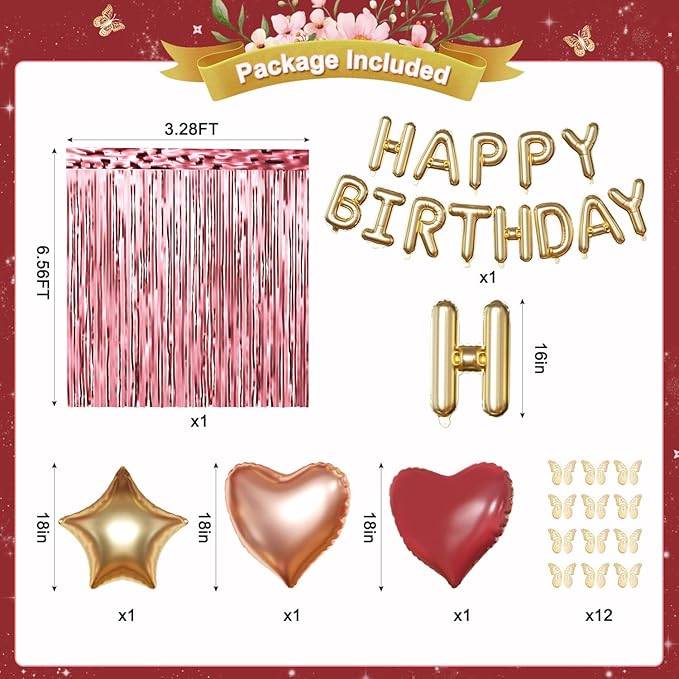 Burgundy Birthday Decorations for Women, Maroon Metallic Rose Gold White Gold Foil Confetti Balloons Happy birthday Banner Gold Butterfly Fringe Curtains Birthday Decorations for Women Girls