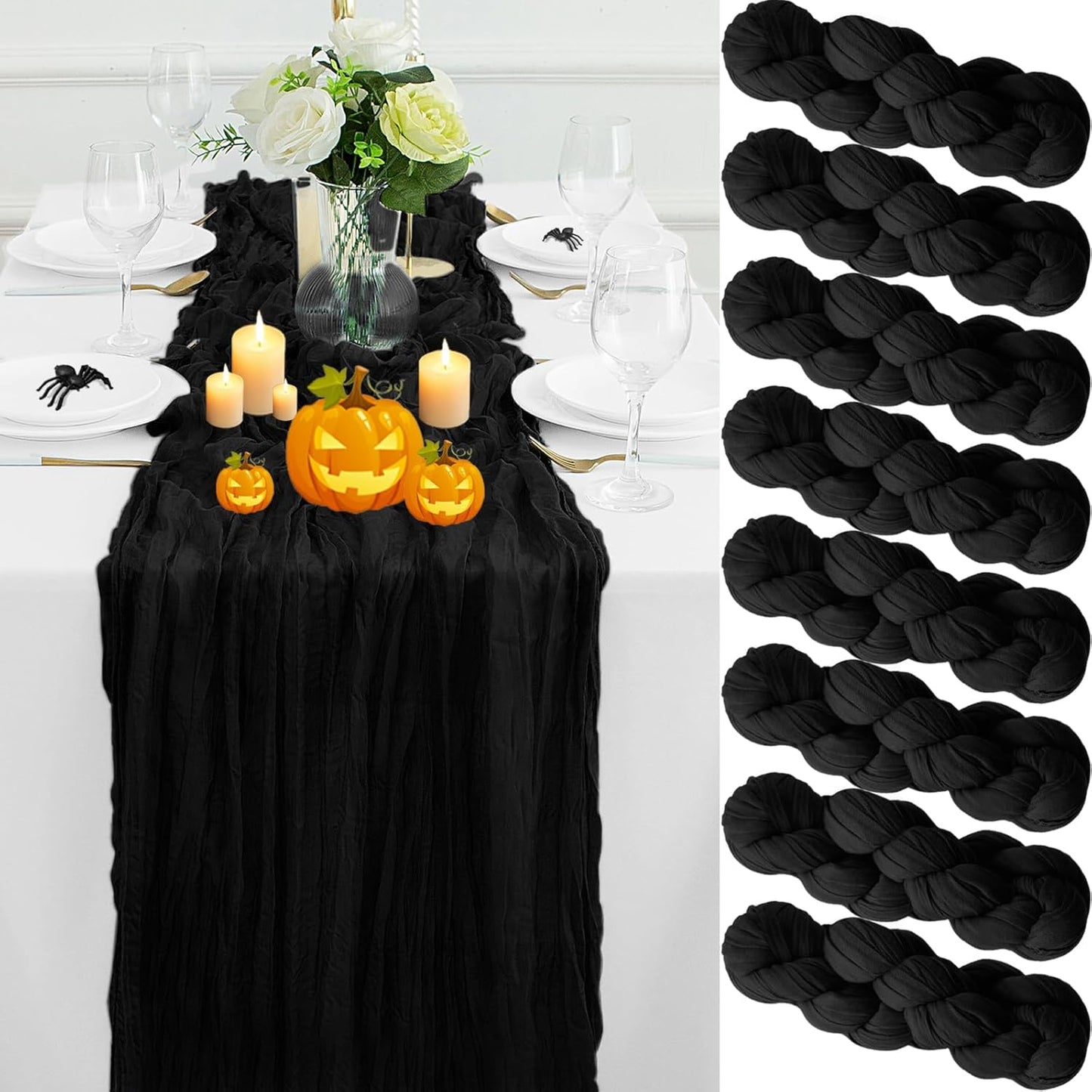 8Pack Black Halloween Table Runner 10FT Cheesecloth Table Runner 35x120Inch Long Boho Cheese Cloth Table Runners Rustic Gauze Table Runners for Party Wedding Bridal Shower Baby Shower Decorations