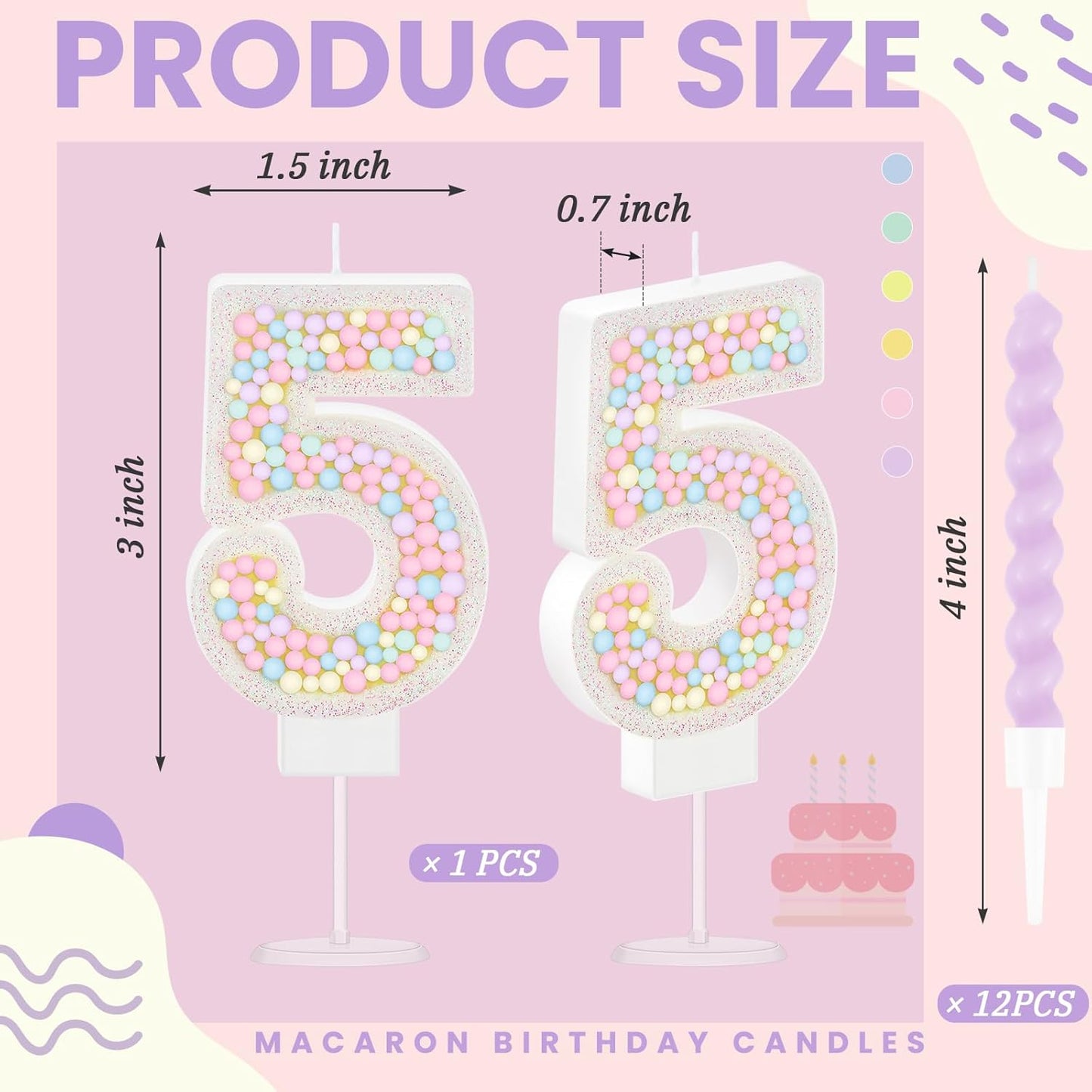 MTLEE Number 5 Birthday Candle with 12 Pcs Spiral Candles for Girls Macaron Pastel Rainbow Unicorn Pink Cake Topper for Sweet Theme Party Decoration