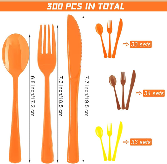 300 Pieces Thanksgiving Plastic Silverware Fall Heavy Duty Utensils Set Heavyweight Disposable Flatware Includes Orange Yellow Brown Spoons Forks Knives for Thanksgiving Dinner Party Supplies