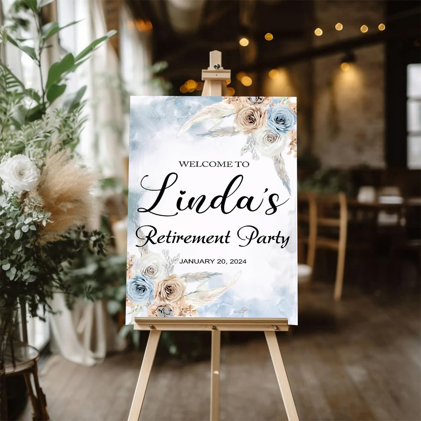 Boho Blue Retirement Welcome Sign - Floral Bridal Shower Decor, Outdoor Printed