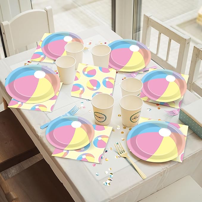 96PCS Summer Macaron Beach Ball Party Paper Plates and Napkins and Forks Set for Macaron Beach Ball Party Paper Plates Disposable Decor Summer Parties Set for Kids Birthday Gatherings Decorations