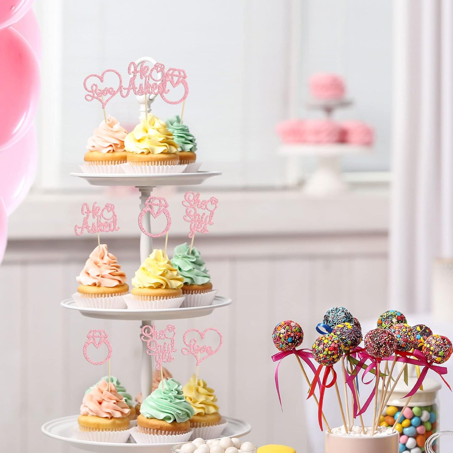 Gyufise Pink 24Pcs He Asked She Said Yes Cupcake Toppers Diamond Ring Heart Cake Picks for Wedding Engagement Party Cake Decorations