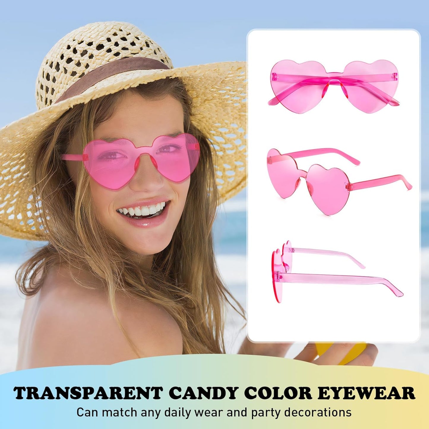 18 Heart Shape Rimless Sunglasses Transparent Candy Color Party Glasses Colored Eyewear for Women