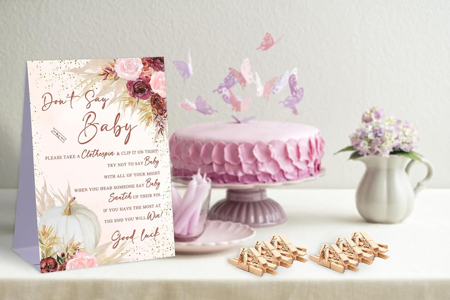 Don't Say Baby Baby Shower Game,Pampas Grass Boho Baby Shower Decorations,Rustic Baby Shower Decorations,Neutral Baby Shower Decorations,Baby Shower Game Ideas,1 Sign & 50 Mini Clothespins Set-B16