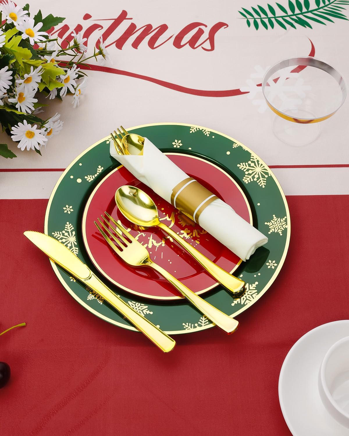 Goodluck 350 Piece Christmas Plates Sets for 50 Guests, Christmas Tableware Disposable for Party, Include 100Plates, 50Pack Pre Rolled Napkins with Silverware, 50Cups for Party, Wedding, Graduation