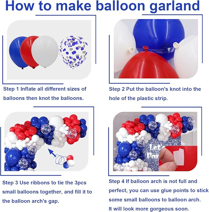 Red White and Blue Balloons Garland Arch Kit 164pcs Balloons Different Sizes 5 10 12 18inch with Confetti Balloons for Labor Day 4th of July Baseball Birthday Party Decorations