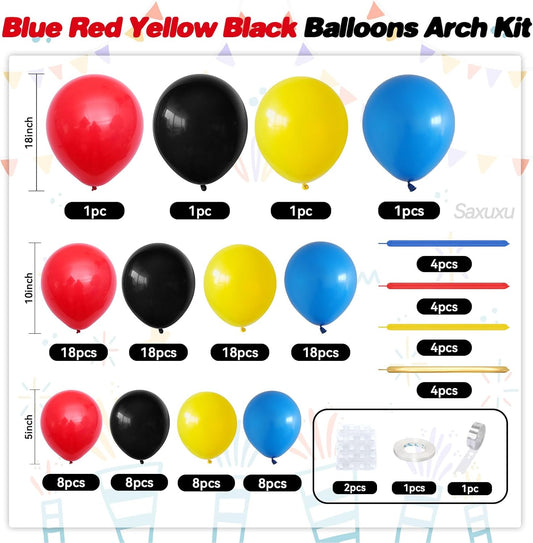 Blue Red Yellow Black Balloon Arch Kit, Blue Red Yellow Balloons Garland Arch Kit, Long Balloons For Birthday Baby Shower Party Wedding Bachelorette Anniversary Graduation Decorations