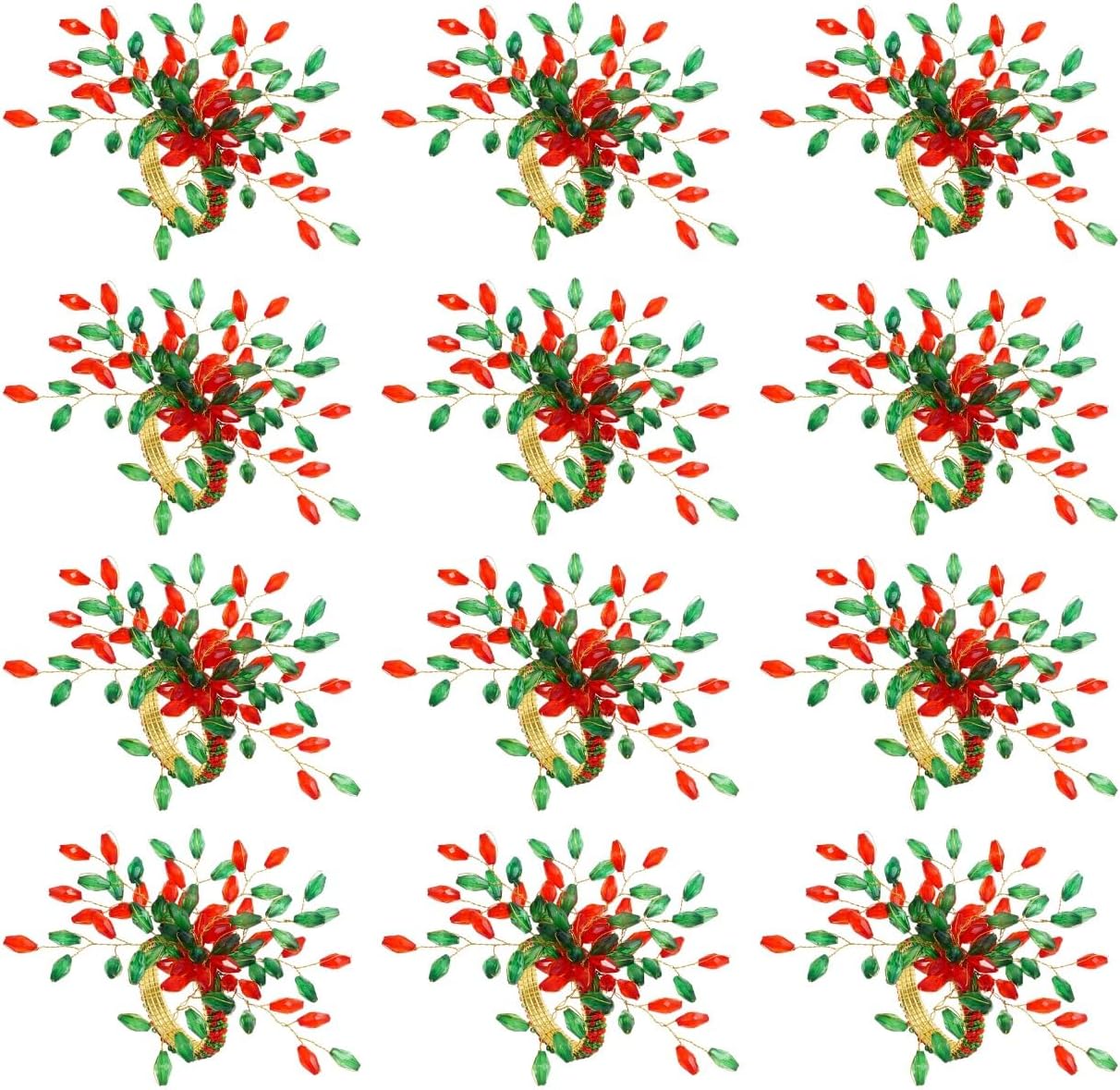 Handcrafted Beaded Napkin Rings Set of 12 – Red & Green Crystal Flower Design, Elegant Table Décor for Christmas, Weddings & Dinner Parties