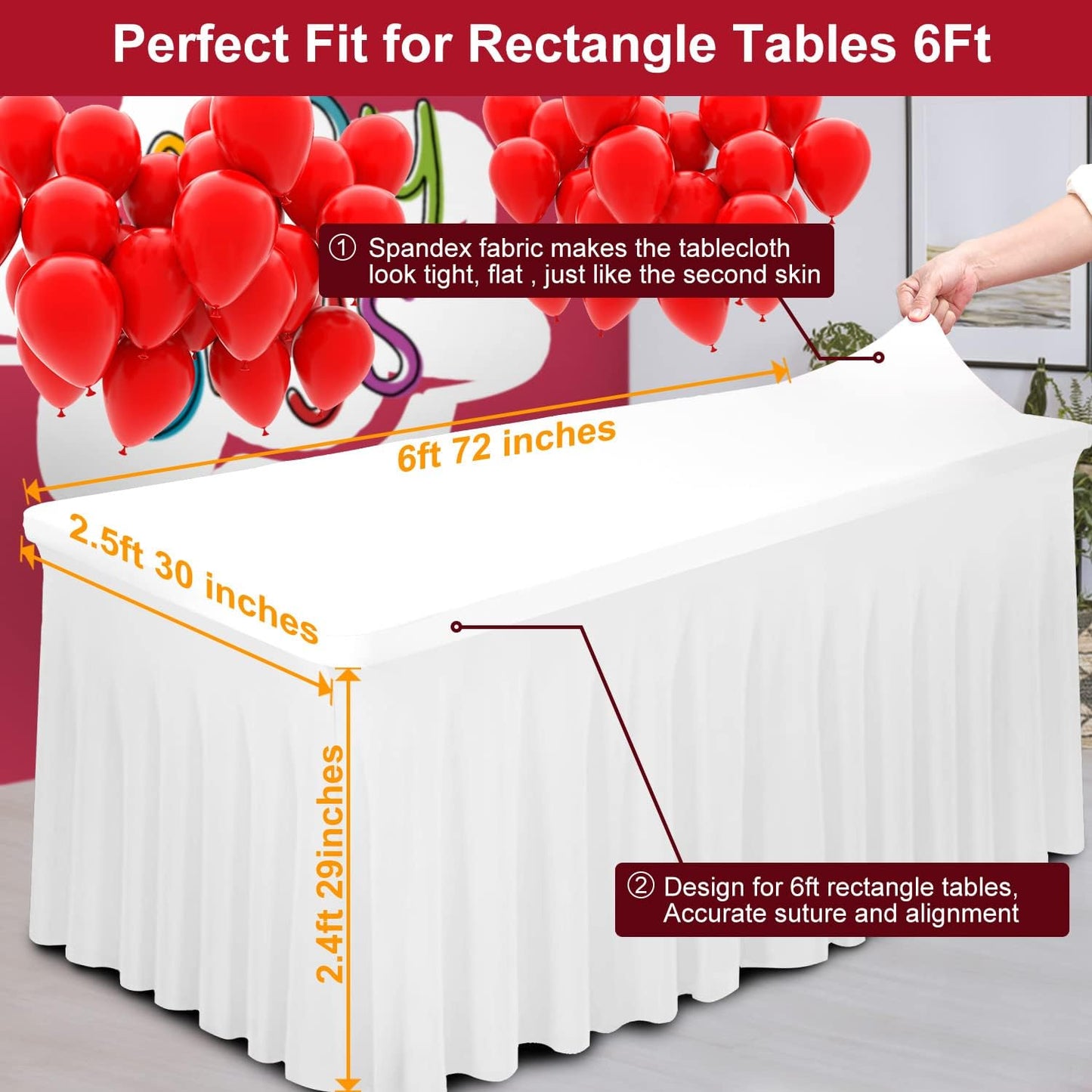Thick Spandex Table Skirt and Cover 6ft, Rectangle Fitted Tablecloth with Pleated Skirt, Wrinkle Free Rectangular Table Cloth for Banquets and Vendor Event (White, 72"*30"*29")