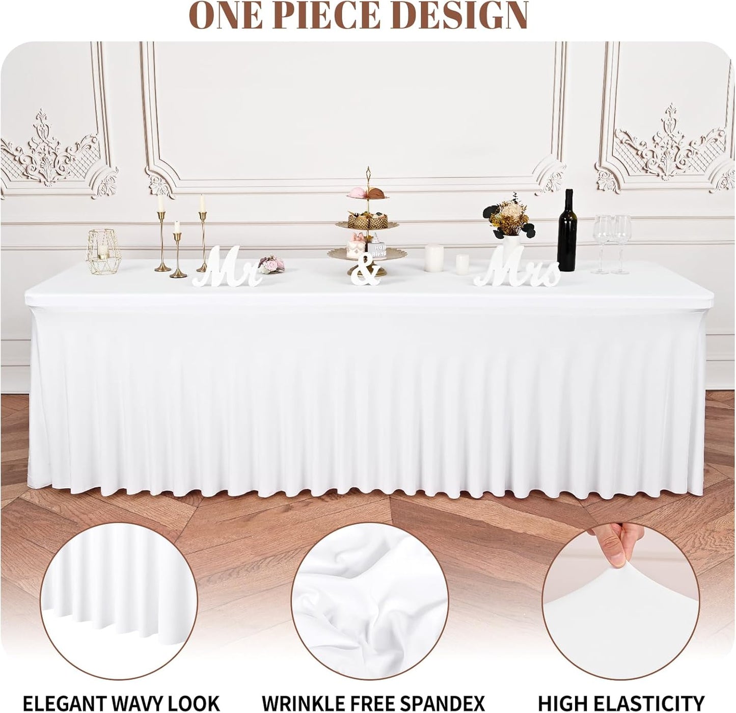 6 Packs White Stretch Table Skirts for 8 Foot Rectangle Table, Washable Spandex Stretch Tablecloths with Skirt, Wrinkle Resistant Fitted Tablecover for Wedding Party Banquet