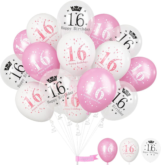 Sweet 16 Birthday Decorations for Girls, Pink White Happy 16th Birthday Party Latex Balloons, 15 Pieces 16th Birthday Decorations for Her Kids Age 16 Year Old Birthday Party Decorations Supplies