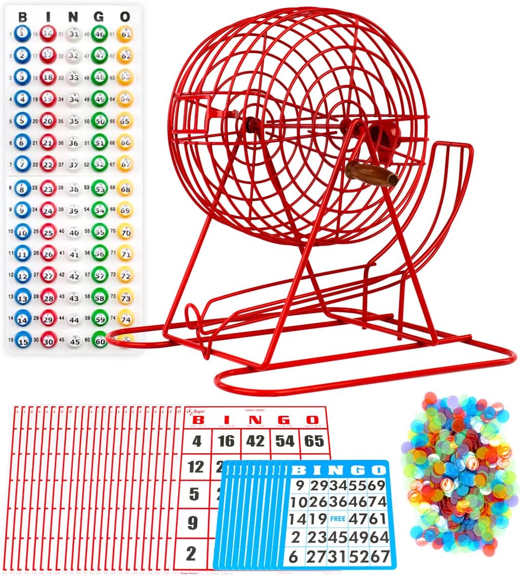 Regal Bingo Professional Bingo Game Set with 11" Wheel Cage, 75 Bingo Balls, Master Board, 18 Bingo Cards & 25 Jumbo Reusable Cards, and Colorful Chips - Bingo Games for Adults Large Group - Red