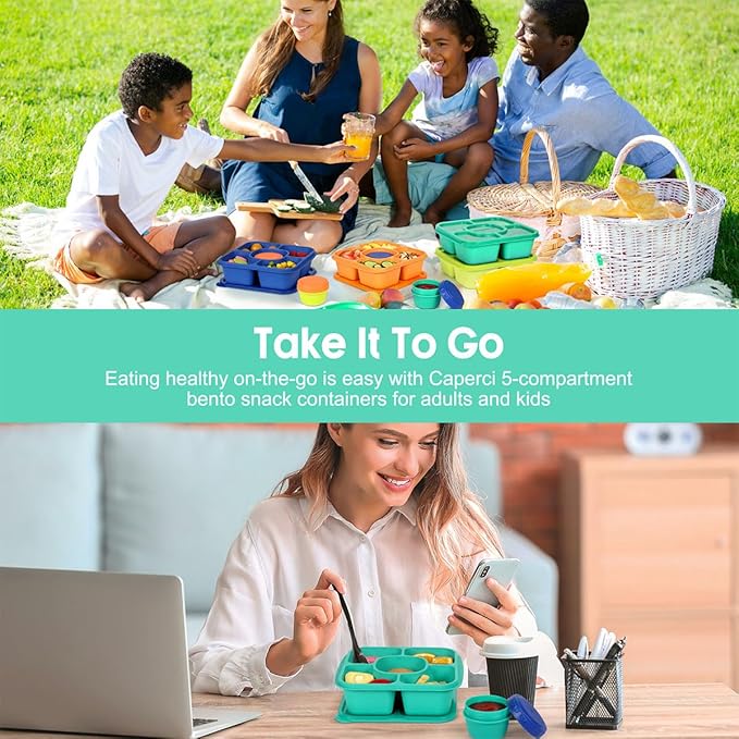 Caperci Original Lunchable Snack Containers for Kids & Adults - 5 Compartments Bento Snack Boxes with 4 Leakproof Small Containers, Wheat Straw, BPA-Free, Set of 4 (Jewel Brights)