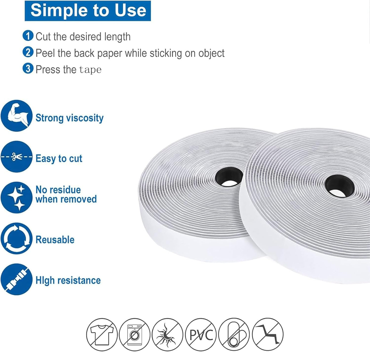 1 Inch x 28 Ft Strips with Adhesive, Nylon Self Adhesive Heavy Duty Strips, Double Sided Sticky Back Fastener Roll Tape for Home Office School Car and Crafting Organization (White)