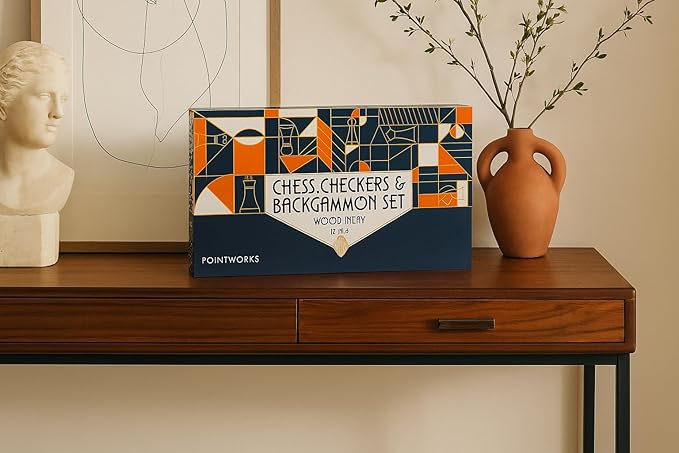 Pointworks 17 Inch Chess Checkers Backgammon Set for adults, Wooden chess set combo, portable folding two sided board multi game design, maple walnut inlay with large weighted pieces, acrylic checkers
