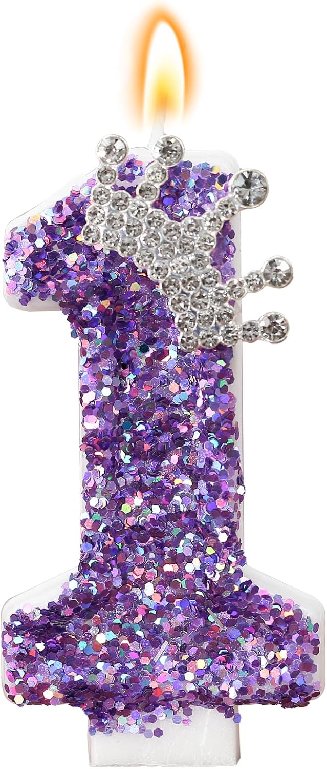 Birthday Number Candles,Purple Crown Birthday Candles for Cake,Glitter Number 1 Candle Cake Topper with Sequins for Anniversary Celebrations Supplies (Number 1)