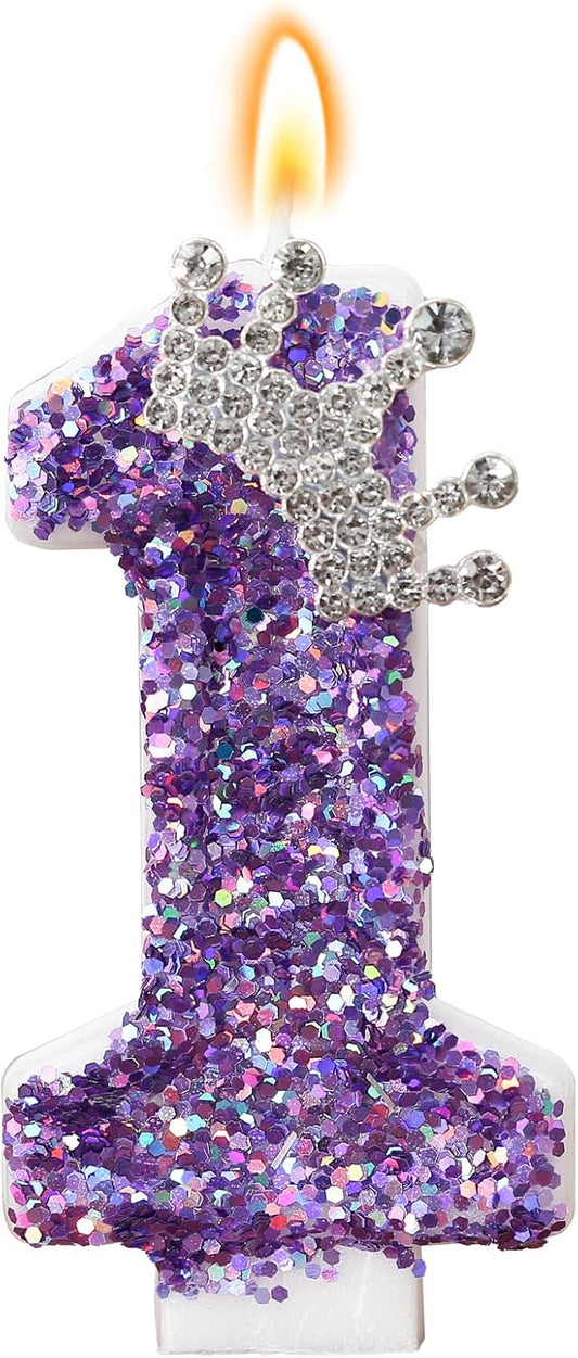 Birthday Number Candles,Purple Crown Birthday Candles for Cake,Glitter Number 1 Candle Cake Topper with Sequins for Anniversary Celebrations Supplies (Number 1)