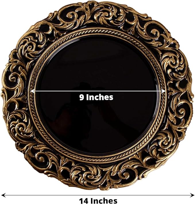 Efavormart Set of 6 Black/Gold 14" Round Plastic Charger Plates With Engraved Baroque Design Rim For Wedding Party Events