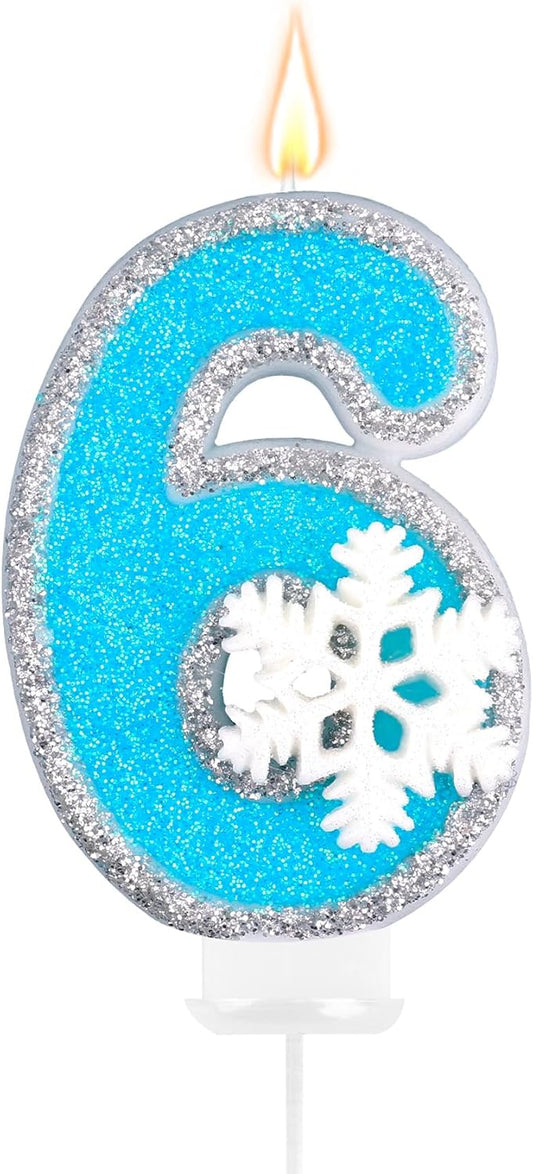 Frozen Themed Birthday Candles Party Decorations, Blue and Silver Number 6 Birthday Candle, Happy Birthday Candle for Cake, Snowflake Cake Topper Decoration for 6th 6 Year Old Party Favor Supplies