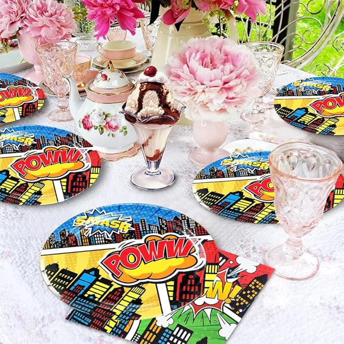 40pcs Super Theme Hero Party Decorations Hero Action Sign Plates Napkins for Comic Heroes Birthday Decorations Hero's Action Sign Cityscape Buildings Tableware Set,Suitable for 20 Guests