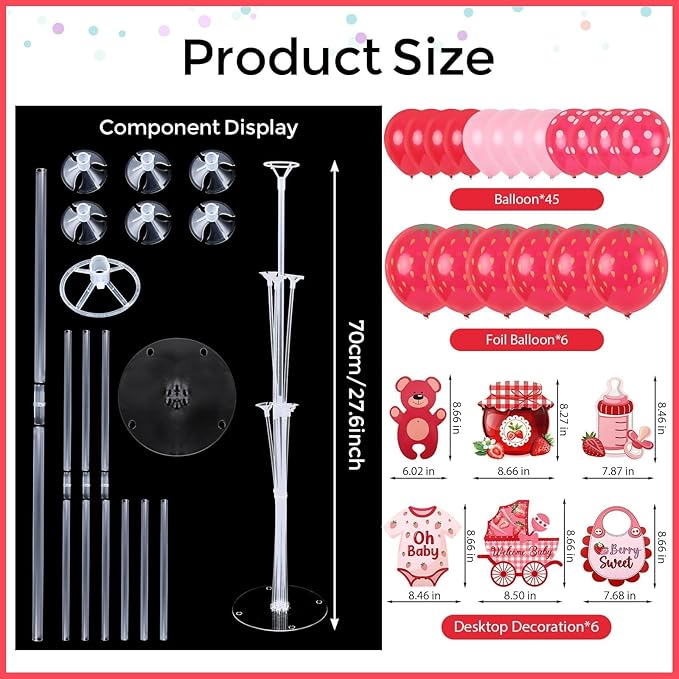6 Sets Strawberry Balloon Stand Kit for Table Strawberry Baby Shower Centerpieces with Balloon Sweet Strawberry Party Balloon Decorations for Girls Strawberry Birthday Themed Supplies