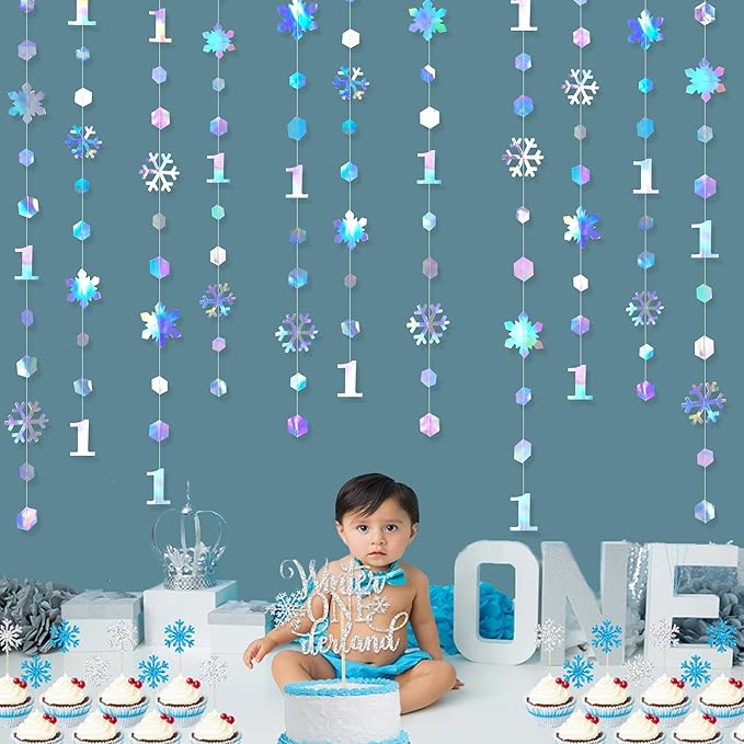 52Ft Winter Onederland Birthday Decorations Iridescent Snowflakes 1st Holographic Paper Snowflakes Garland Streamer for Winter Wonderland Christmas Frozen Snowflake First Birthday Party Supplies