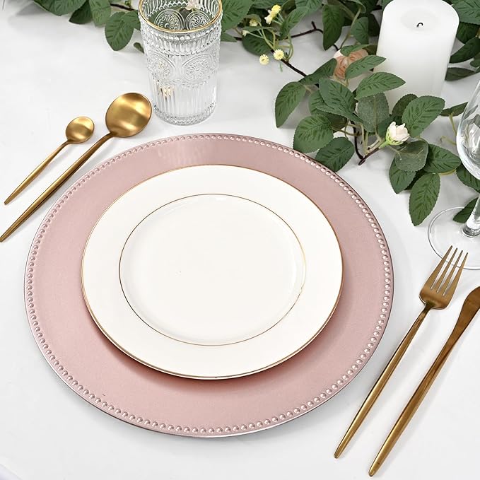 50 Pcs Rose Gold Charger Plates Bulk, 13" Round Beaded Plate Chargers, Decorative Dinner Chargers Plastic Table Charger for Wedding Holiday Party Baby Shower Event Decoration (Rose Gold)