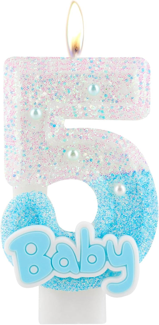 Blue Baby Birthday Number Candles, Birthday Candles for Cake, Glitter Number 5 Candle Cake Topper with Sequins for Baby Boys Girls, Baby Baptism Birthday Party Cake Decorations