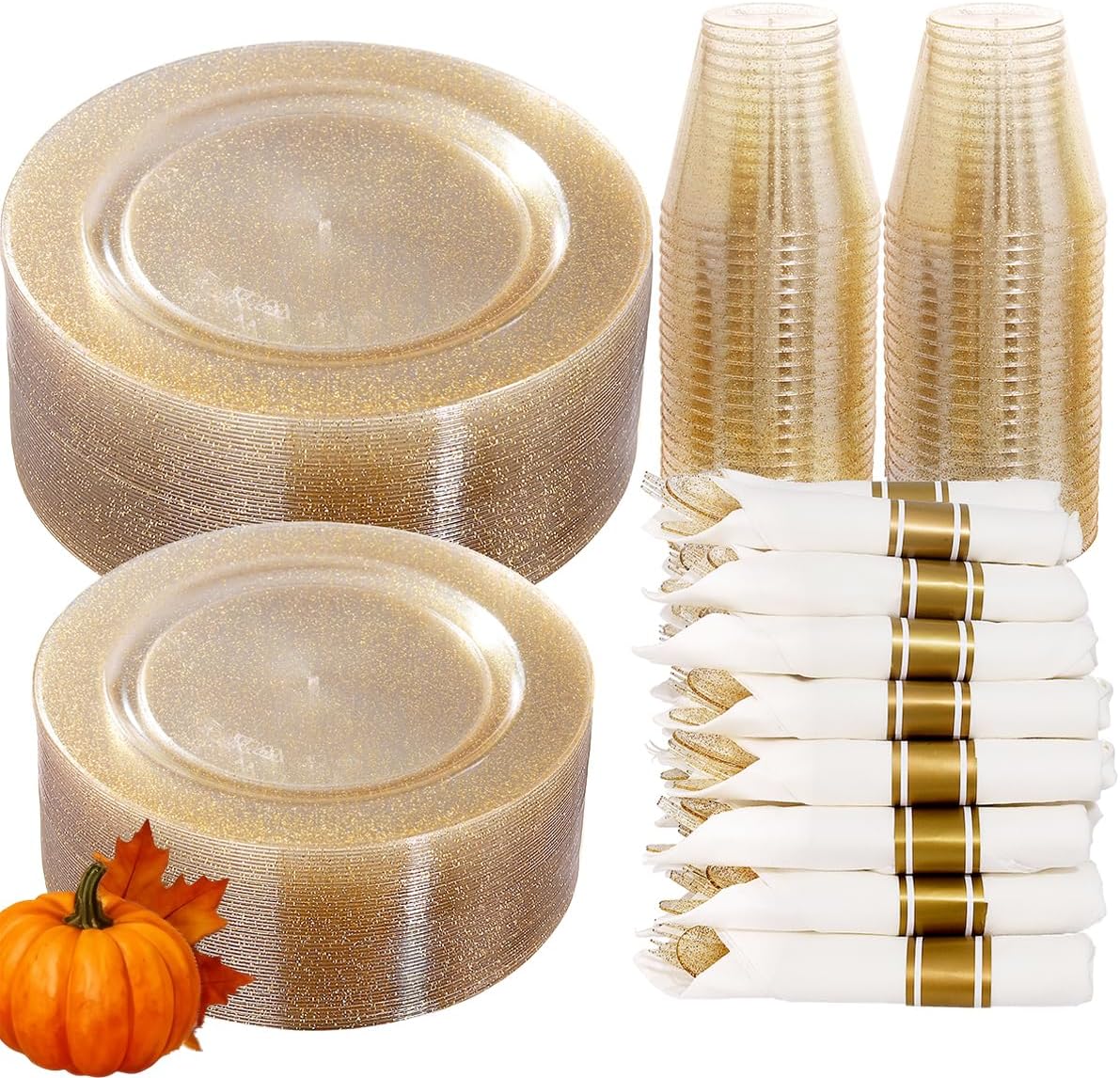 DaYammi 350 Pieces Gold Glitter Dinnerware Set 50 Guest for Party Thanksgiving Plates Disposable - 50 Dinner Plates, 50 Dessert Platos -50 Per Rolled Napkins with Gold Cutlery -50 Disposable Cups 9 OZ