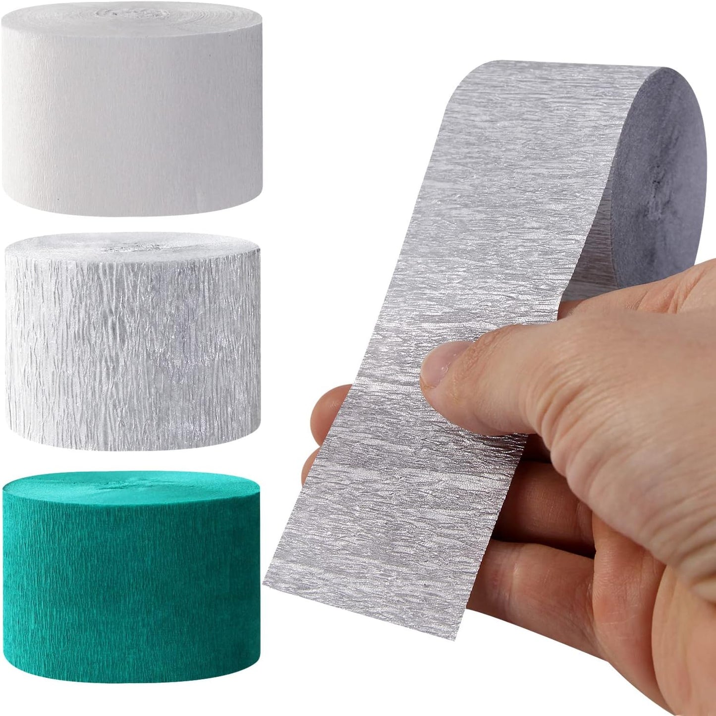 Teal-Turquoise White Silver Party-Decorations Streamers - 9 Rolls Woman Girl Birthday Crepe Tissue Paper Streamer Graduation Wedding Bachelorette Engagement Bridal Baby Shower Garland Decor Panduola