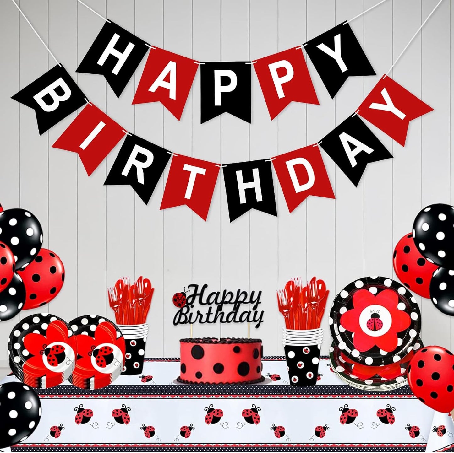 Pre-Strung Red and Black Happy Birthday Banner Birthday Party Banner NO DIY Happy Birthday Sign Birthday Hanging Decoration for Women Men Girl Boy Party Supplies (Red and Black)