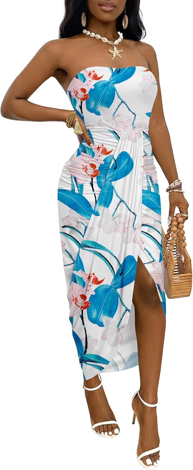 Umenlele Women's Strapless Ruched High Waist Wrap Split Asymmetrical Beach Maxi Long Dress