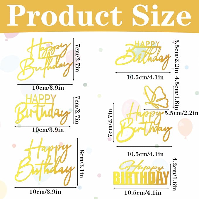 6 Pcs Happy Birthday Cake Toppers,6 Styles Gold Acrylic Happy Birthday Cake Topper Mirror Acrylic Birthdays Sign for Cakes Side Decoration Cakes Party Decorating Supplies